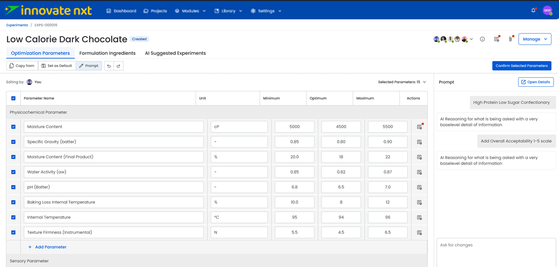Innovate Nxt optimization parameter details and AI prompt panel