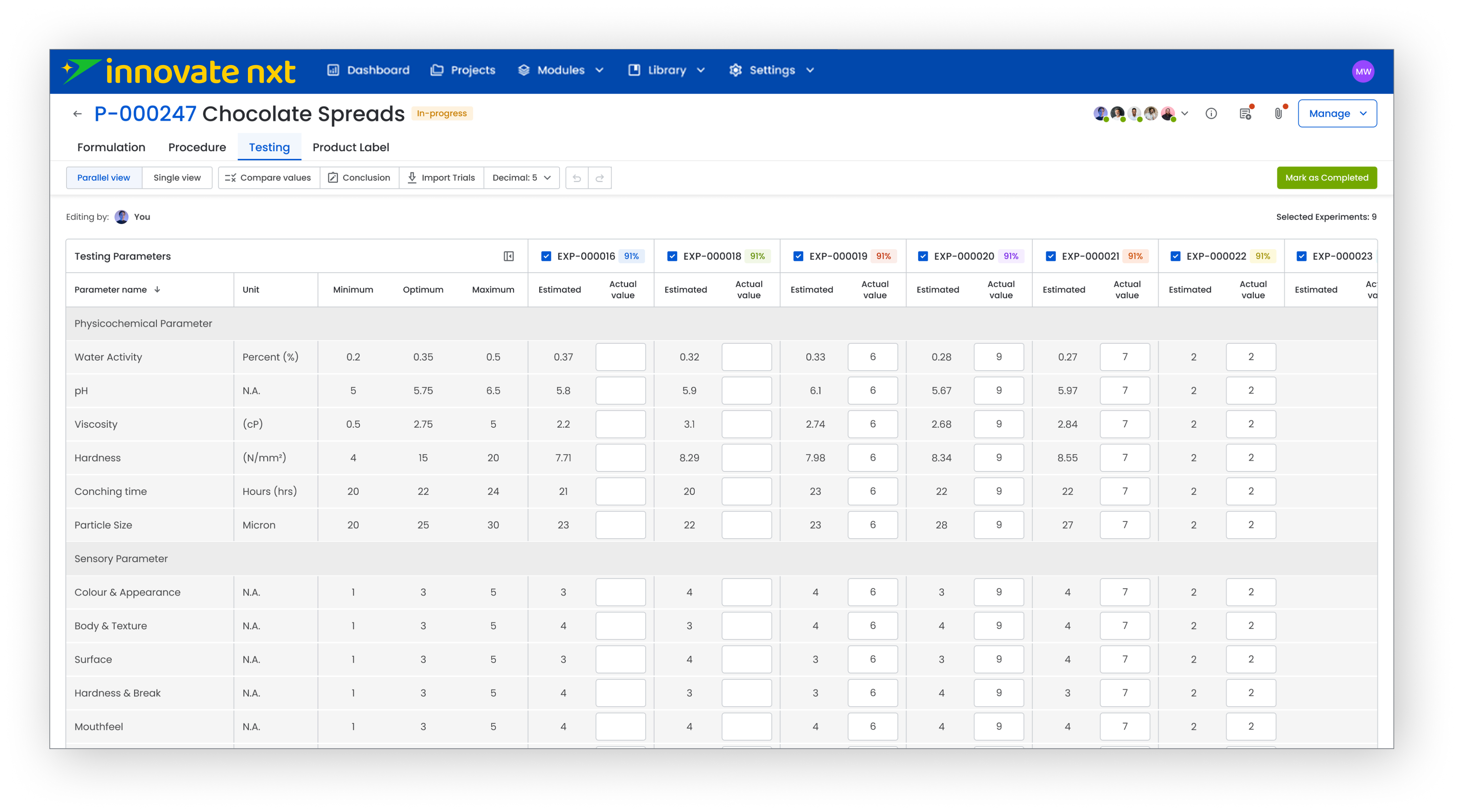 Innovate Nxt platform — testing parameters and experiment comparison